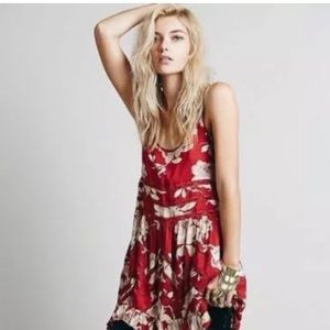 Free People Red Floral Print Voile and Lace Dress